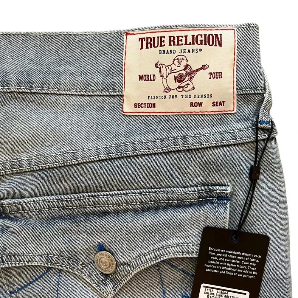 True Religion Mens Ricky Relaxed Straight Denim Shorts Light Breezy Wash 40‎ NWT